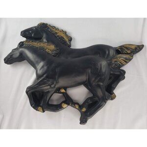 Vintage Chalkware Running Black Gold Horses Western Wall Hanging MCM